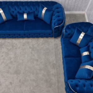 Khalifa Chesterfield 3+2 Sofa Set – Royal Blue with Golden Strips